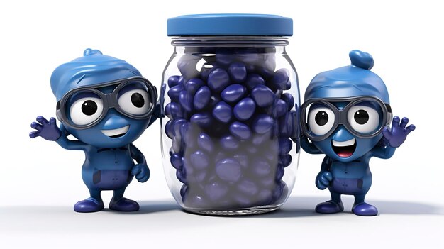 3D Characters holding a jar of dried blueberries