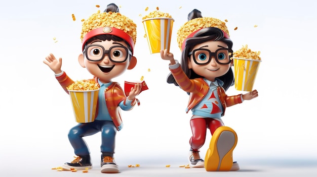 Foto personaggi 3d che tengono le lattine di popcorn