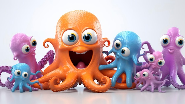 3D Characters Interacting with Octopuses cute face