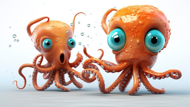 3D Characters Interacting with Octopuses cute face