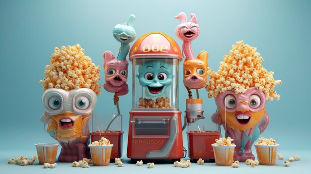 Foto personaggi 3d che interagiscono con la macchina per i popcorn