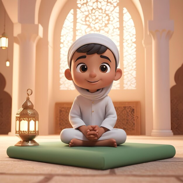 Photo 3d characters muslim boys in mosque ramadan