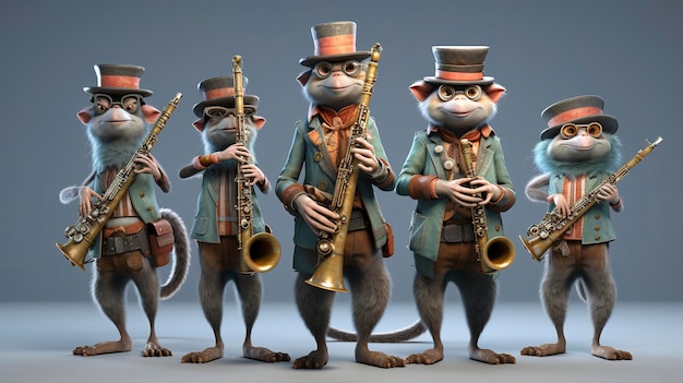 3D-персонажи играют на кларнетах милые лица