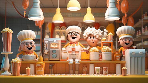 3D Characters Working at Popcorn Shops