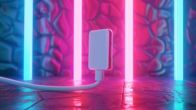 A 3D charging cable ad Smart phone plugged into charger on neon light background Concept of fast charging