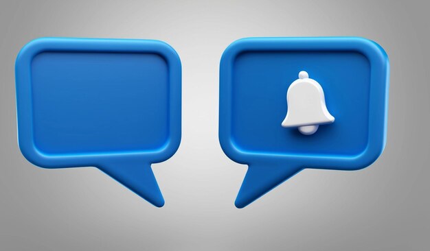 Photo 3d chat message blue speech bubble icon with bell notification alert notice reminder symbol