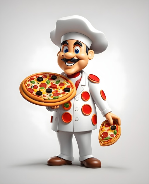 3d chef character with hat holding pizza