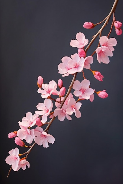 3Dの桜の花の枝は微妙なピンクの花びらに焦点を当てて対照的な背景にあります