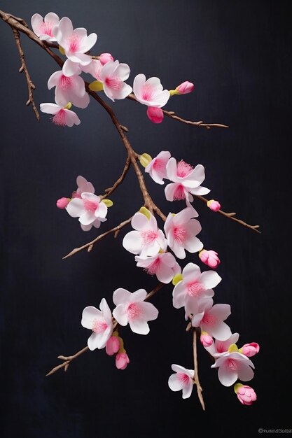 a 3D cherry blossom branch with a focus on the delicate pink petals against a contrasting backdrop