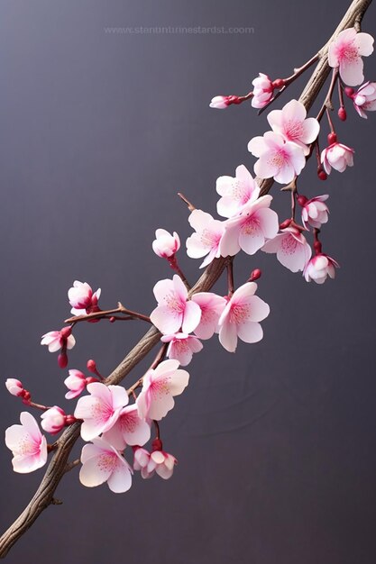 a 3D cherry blossom branch with a focus on the delicate pink petals against a contrasting backdrop