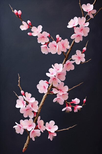 3Dの桜の花の枝は微妙なピンクの花びらに焦点を当てて対照的な背景にあります