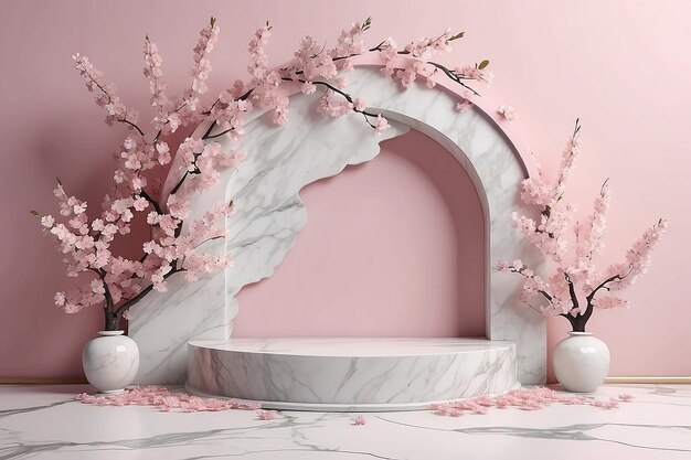 3D-тема цветения вишни на заднем плане с мраморным каменным подиумом, лепестками и ветвью сакуры за аркой стены