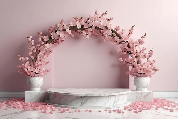 3D Cherry blossom theme product display background with marble stone podium petals and sakura branch outside arch wall