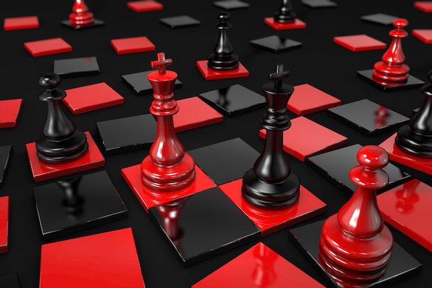 3D chess pieces black and red.