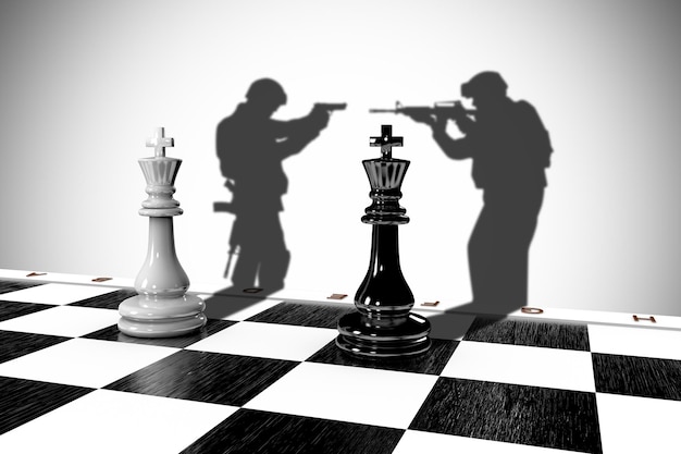 3D chess pieces of kings with the shadow of soldiers.