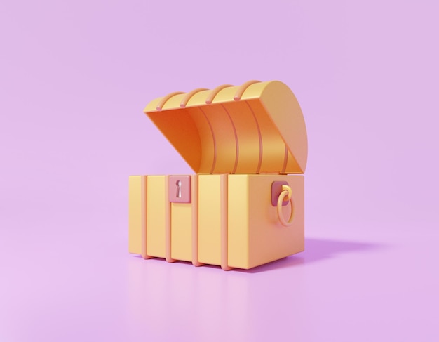 3D Chest golden icon on purple background Open treasure box coffer concept Cartoon minimal cute smooth 3d rendering illustration