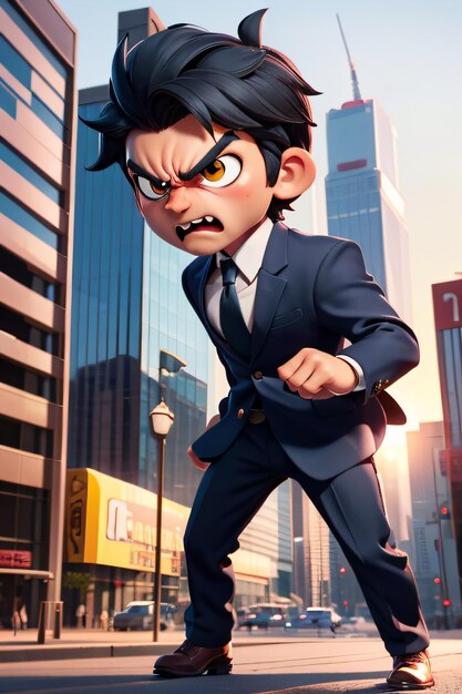 Foto 3d chibi un personaggio dei cartoni animati vestito in abito e cravatta in una strada della città con edifici sul retro