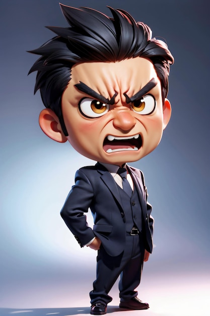 3D Chibi a cartoon character of a man in a suit and tie with a big grin on his face and a frown on