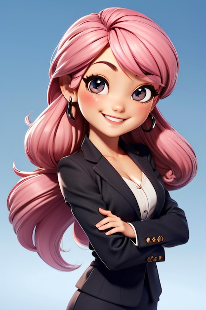 Foto 3d chibi una ragazza dei cartoni animati con i capelli rosa e un abito in posa per una foto con le braccia incrociate un