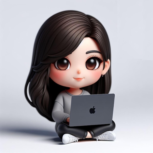 3D 치비 캐릭터는 검은색 애플 맥북과 함께 편안하게 앉아있는 현실적인 소녀를 특징으로합니다.