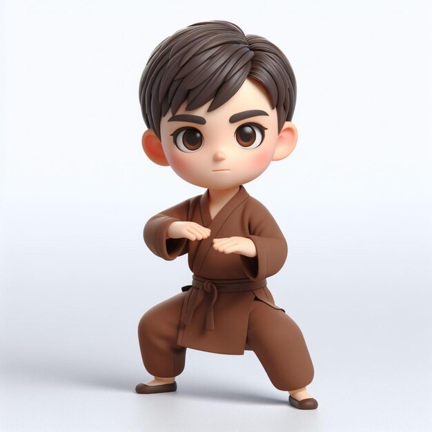 Photo 3d chibi character a five year old boy weighing fifty kilograms brown shaolin clothing