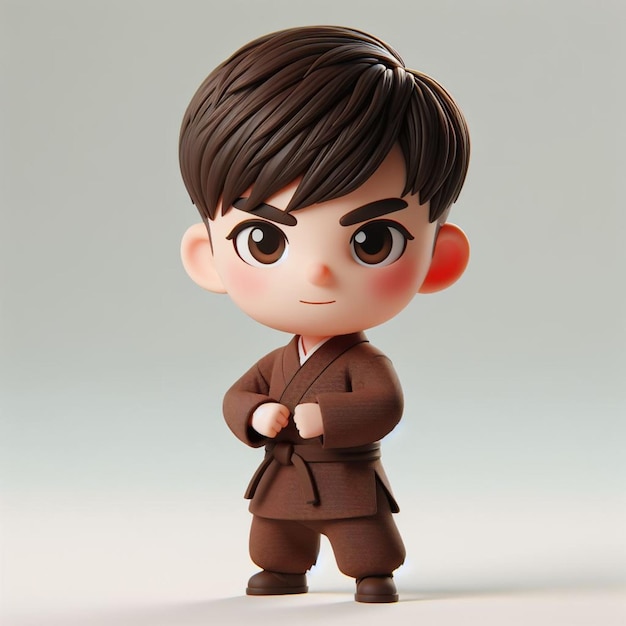 3D Chibi character A five year old boy weighing fifty kilograms brown Shaolin clothing