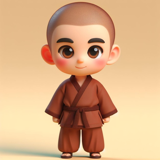 3D Chibi character A five year old boy weighing fifty kilograms brown Shaolin clothing