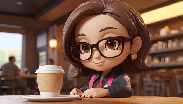 3d chibi character glasses woman in the coffee shop