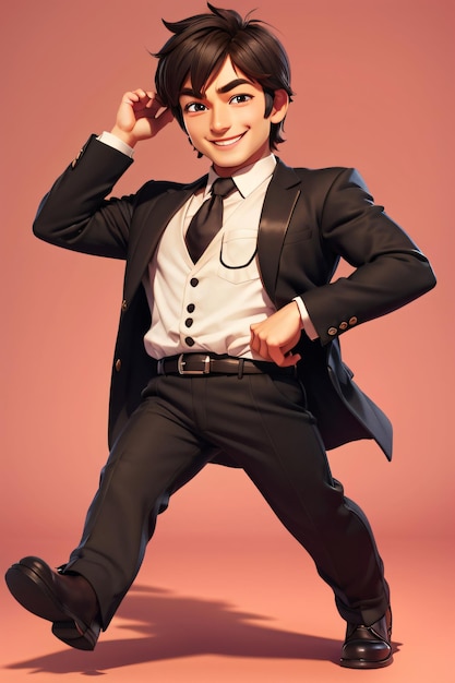 Photo 3d chibi a man in a suit and tie posing for a picture with his hands on his head and a smile on hi