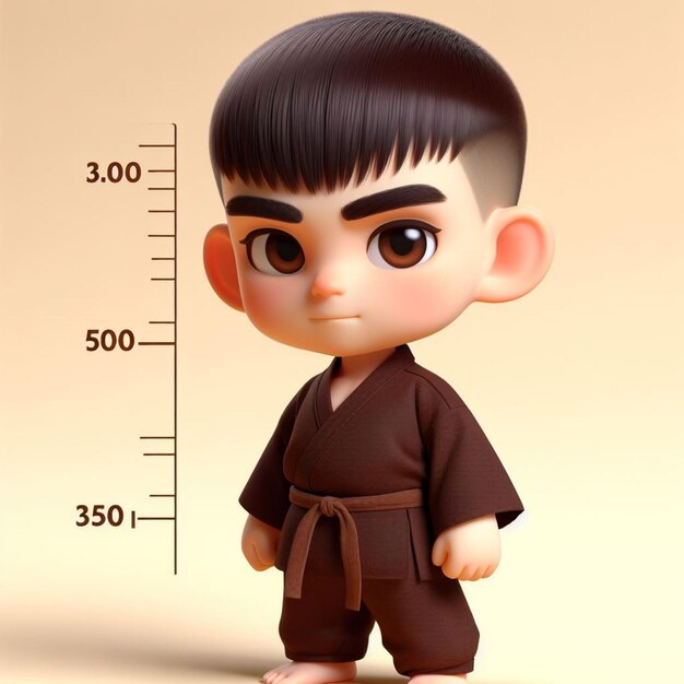 3D Chibi personage Een vijfjarige jongen die vijftig kilogram weegt bruine Shaolin kleding