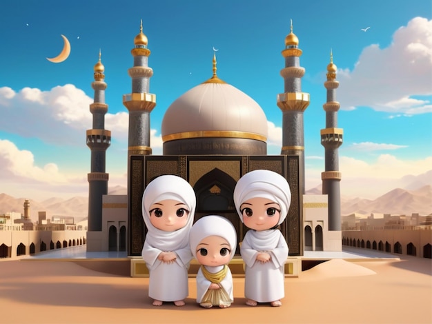 3D Chibi Wearing Muslim clothes behind it there is mosque in day