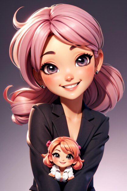 Foto 3d chibi una donna con i capelli rosa e una bambola nel suo risvolto sta sorridendo alla telecamera con un sorriso su h