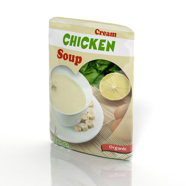 3D Chicken Soup packet isolated on white