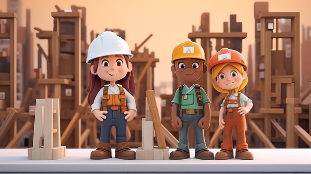 3D children builders at a construction site Generative AI