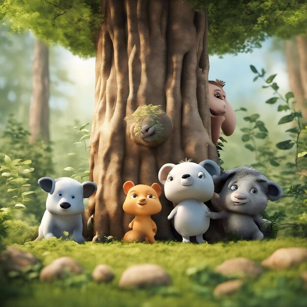 Foto immagine 3d di bambini di animali che giocano a nascondino nella foresta tre