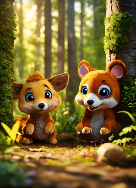 3d childrens image of animals playing hide and seek in the forest two