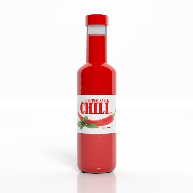 3d chili sauce transparent bottle isolated on white