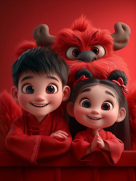 3d Chinese boy and girl with a red furry Chinese dragon hiding behind a wall wearing red clothes s