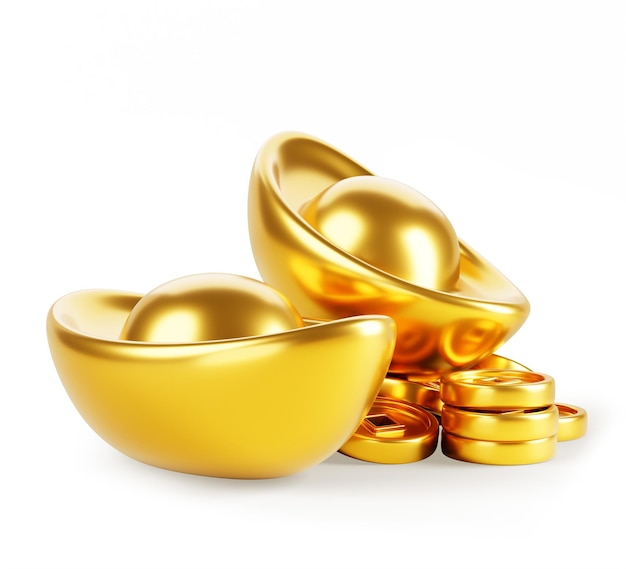3d chinese gold lucky coin stack with yuan bao ingot isolated render icon asian golden nugget cny money cash treasure wealth business finance symbol for oriental new year design