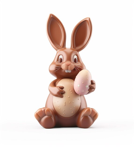 写真 3dチョコレートウサギがイースターエッグを握っている
