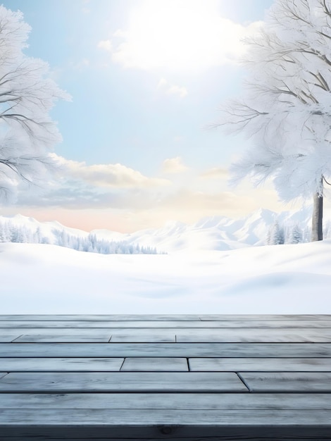 Photo 3d christmas background with wooden table looking out to a snowy scene