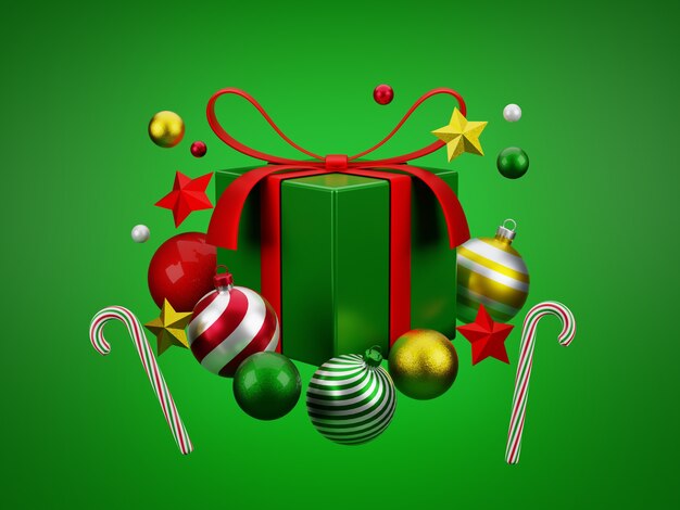 3d christmas balls and candy cane and stars on floating green gift