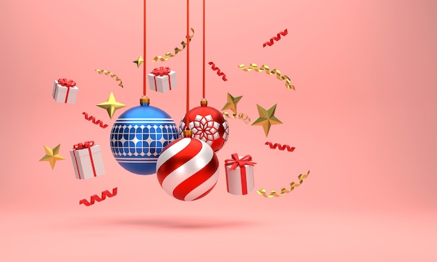 3D. Christmas balls, gift boxes, ribbons, Christmas decorations. in the red background.