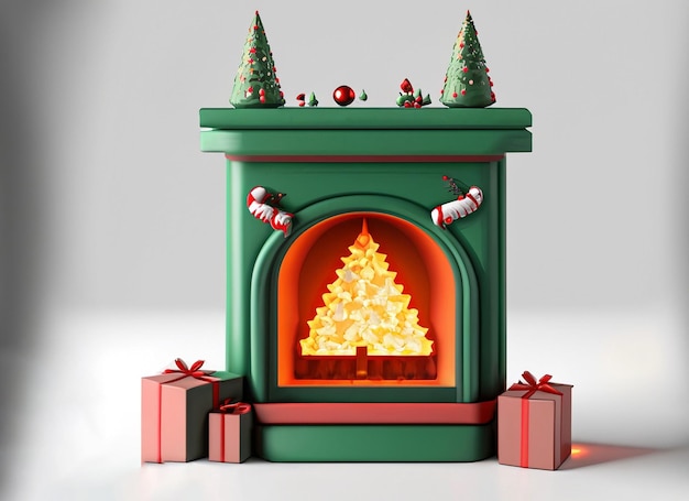 3d Christmas fireplace on white background