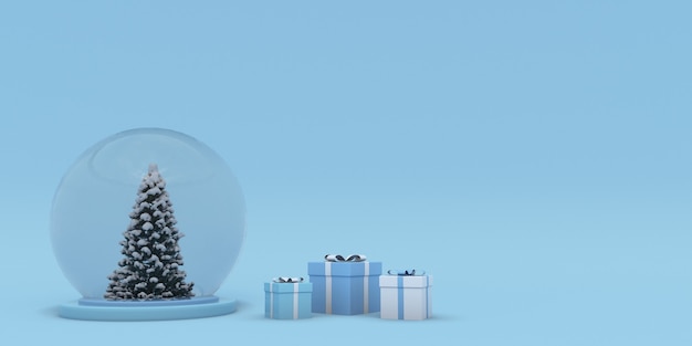 3d Christmas and New Year background with podium Christmas tree gift box and crystal ball Template