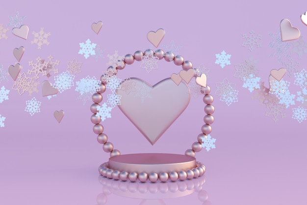 3D Christmas and New Year pink studio podium with pearl arch heart shape and flying snowflakes