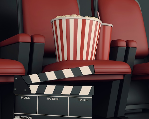 3d Cinema clapper board and popcorn on theater seat.