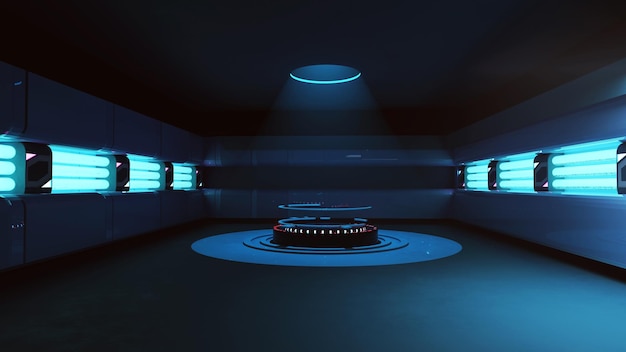 3d circle base with ring of light in dark room with light and fog for hitech products display