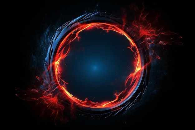 3D круговая рама с красными и синими огневыми следами с частицами на черном фоне