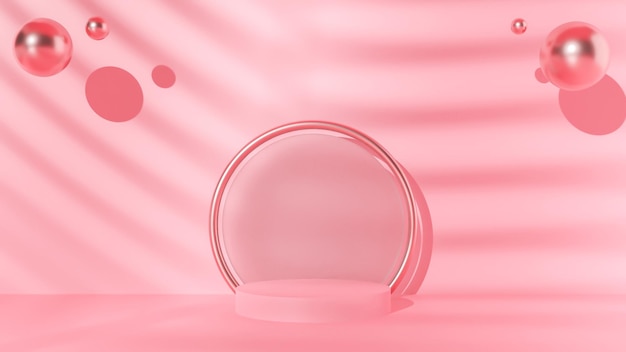 3D of Circle podium pink pastel color with Mirror and sphere rose gold and palm leaf shadow Mockup showcase for product branding banner and cosmetics product Product presentation minimal